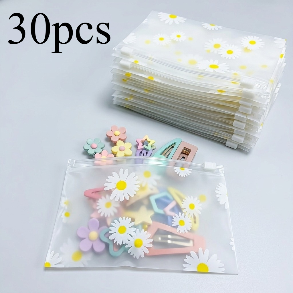 Image of Gift For Her/him 30pcs Daisy Pattern Frosted Plastic Zipper Bags Reusable Transparent Storage Pouches For Cosmetics Jewelry Hair Additions Office Supplies Crafts Stationery Organization