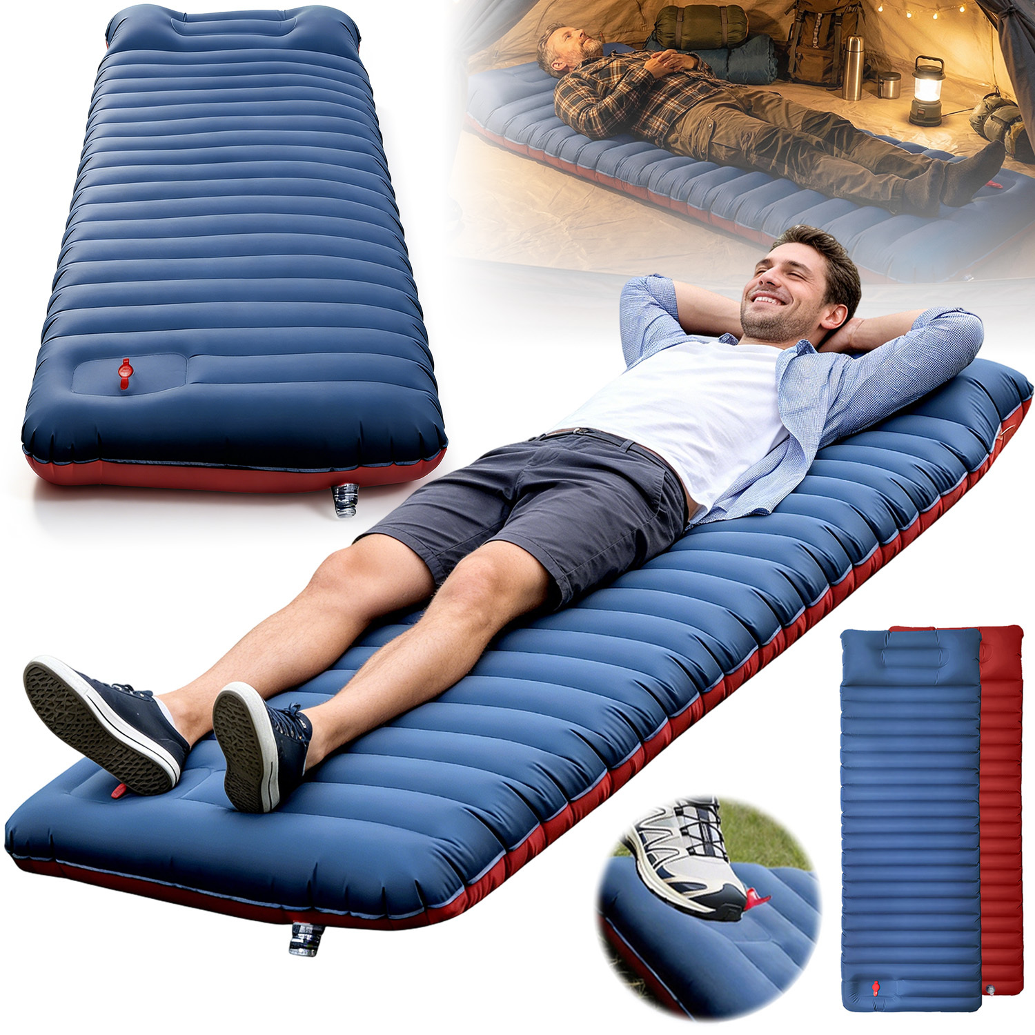 Ultralight Inflatable Sleeping Mat For Camping, Featuring A Built-in Foot Pump And A Carry Bag, Designed To Be Compact And Lightweight