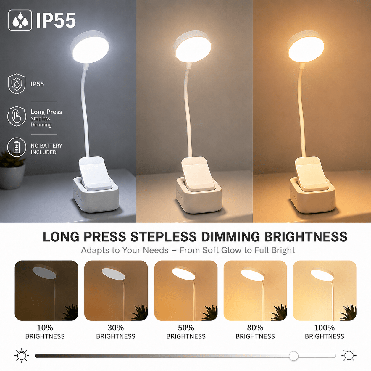 Portable Stepless Dimmable Clip-On Book Light for Reading