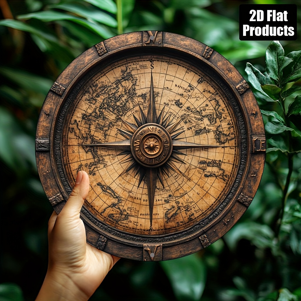 TEMU 2d Flat, Suitable For All , Vintage Nautical 2d Flat Decorative Plaque - Round Vintage Bronze Wooden Nautical Chart Plaque, Waterproof And