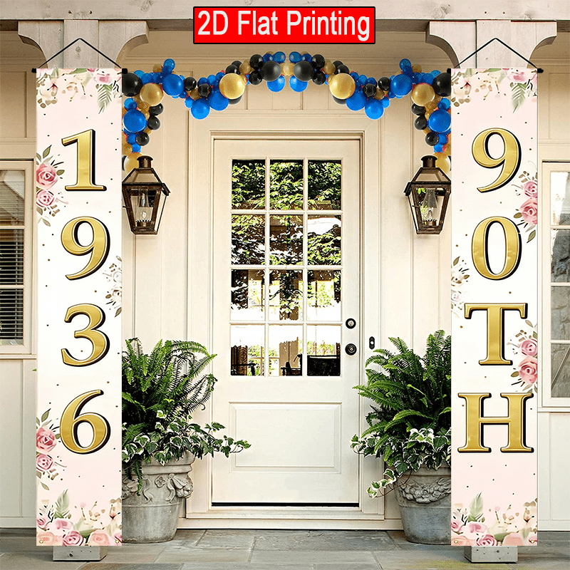 TEMU 2d Flat - 2d Flat - 2d Flat 2pcs Commemorating 90th Birthday Celebration Porch Banner With Pink Floral Stripes And 1936 For Outdoor Lawn