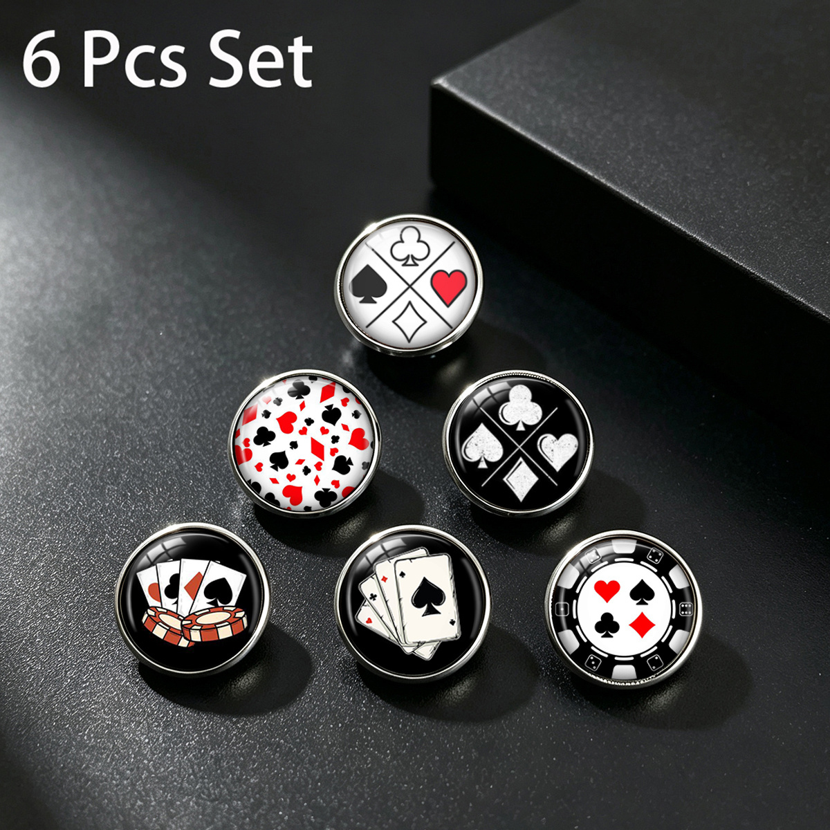 TEMU 6pcs Trendy Cool Playing Card Pattern Stainless Steel Lapel Pin Set, Versatile Decorative Lapel Pins For Men And Women, Fashionable Accessories