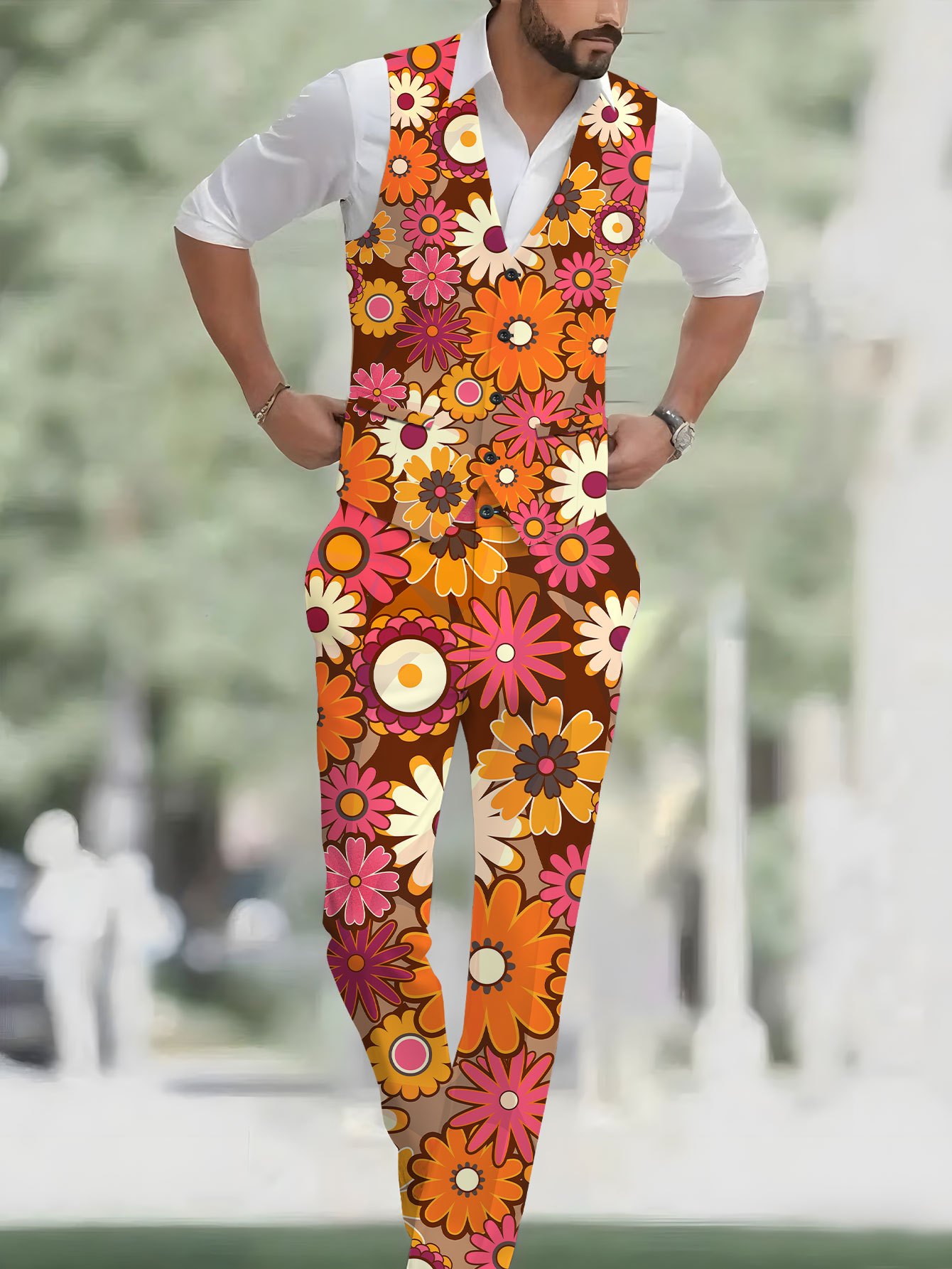 Men s Fashion 2pcs Vest + Pants Set with Multicolor Floral Pattern Illustration, Classic Banquet Wedding Party Men s Suit Outfit - Casual   Print Vest and Trousers Combo