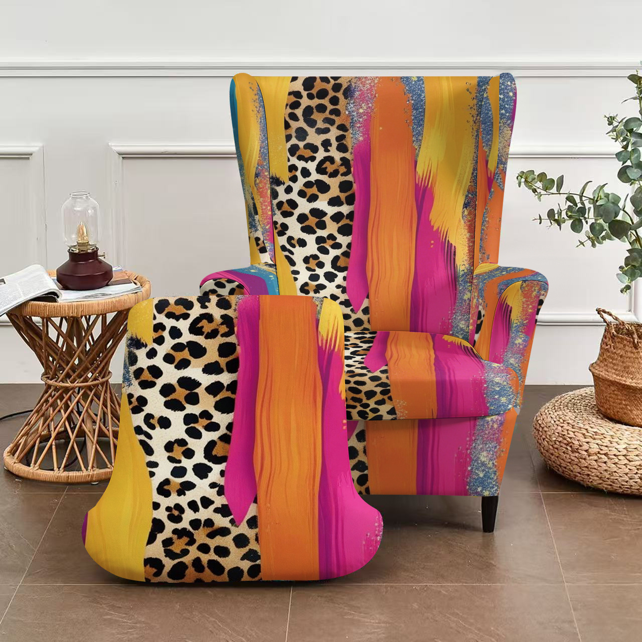 TEMU 2d Colorful Leopard Color-blocking Graffiti Print Tiger Stool Cover, With Armrest Back Single Sofa Cover High Elastic All-inclusive Anti-scratch
