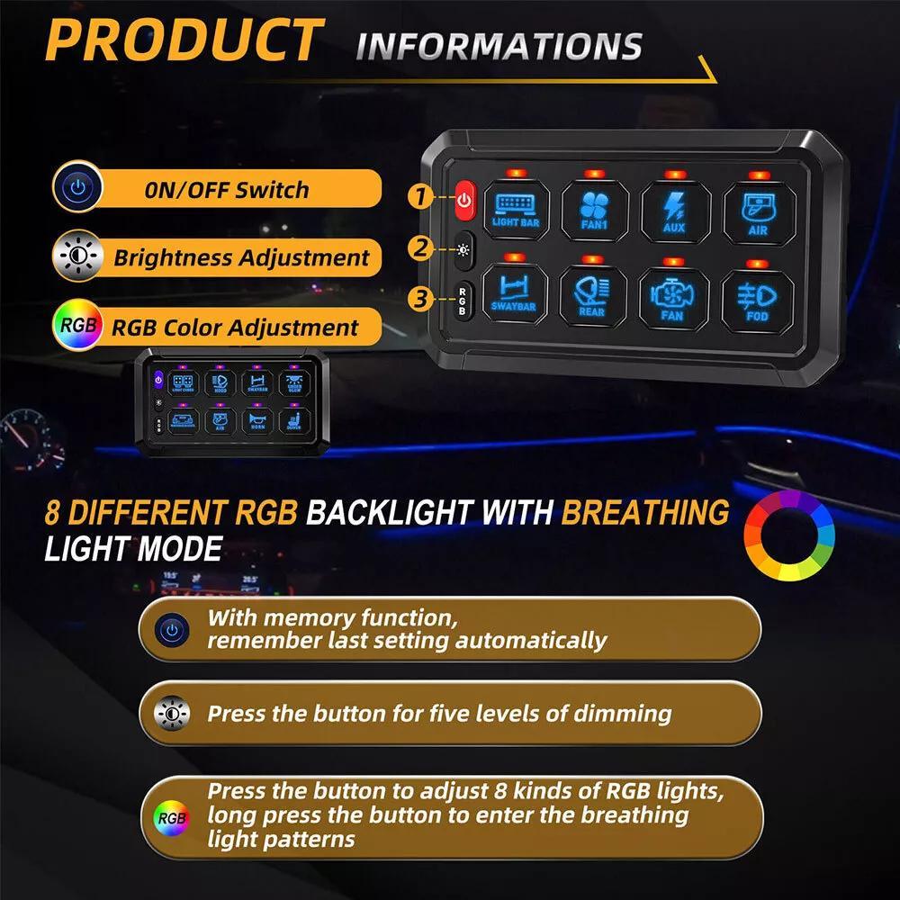 8 Gang Switch Panel with RGB Blacklight, Automatic Dimmable LED Switch Pod