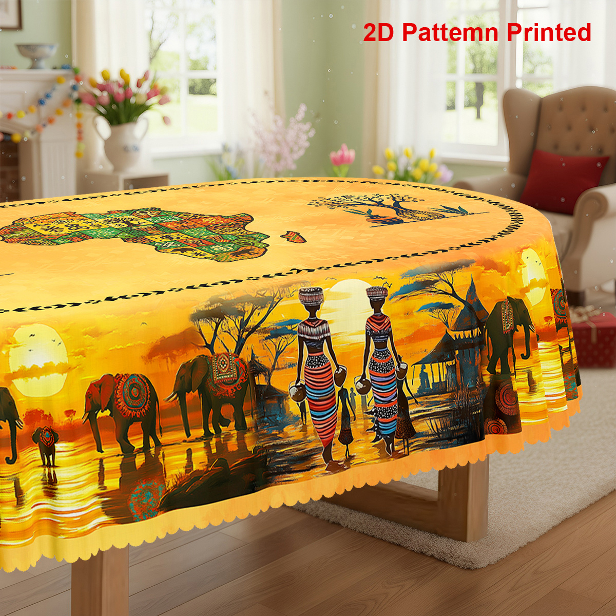 TEMU 1pc, Nappe de fête sur le thème des africaines, Design imprimé vintage d'éléphant au coucher et de paysage naturel, Nappe