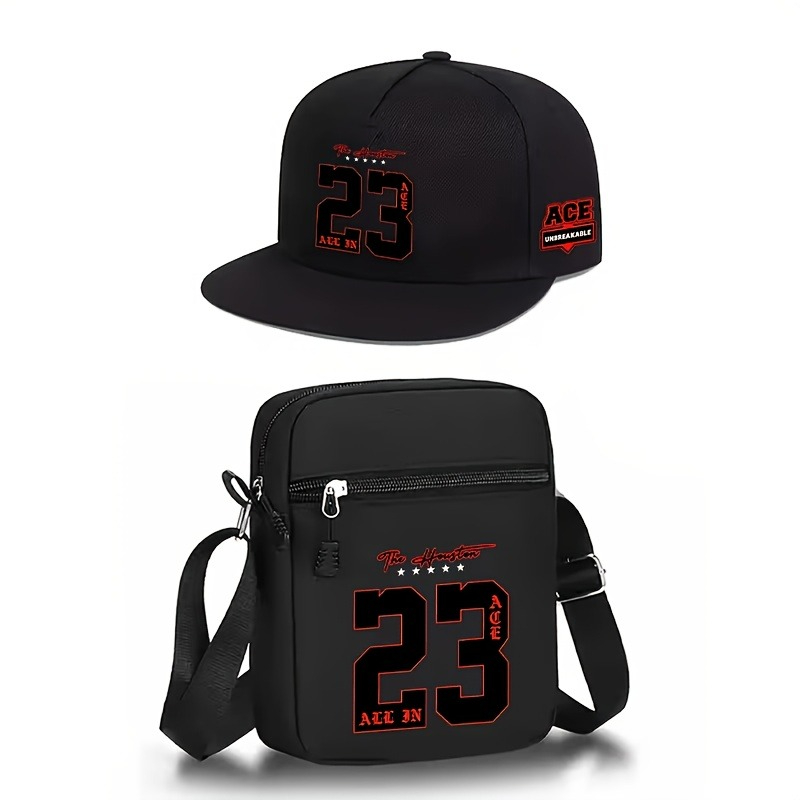 TEMU 2pcs " 23" Men' & Women' Hip-hop And Crossbody Bag Matching Set - Adjustable Flat Brim Baseball Hat & Bag, Lightweight Suitable For, Sports,