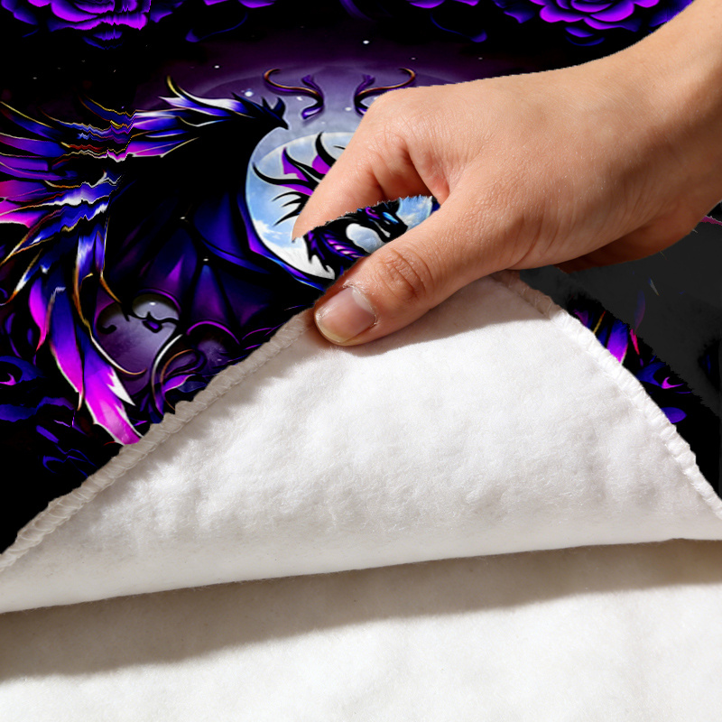TEMU 1pc Heavy Duty 280gsm Dragon Bedspread - Deep Purple/black Dragon Scales & White Roses Chinese Dragon Print Luxury Gothic Bedding Suitable For