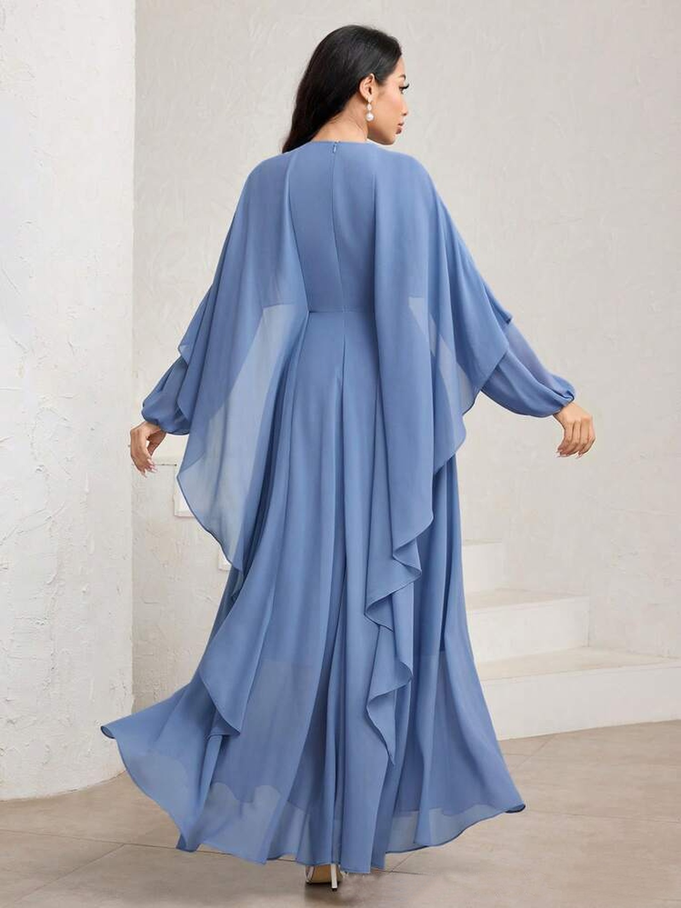 blue chiffon dress womens long knee waist cloak - Temu Mauritius