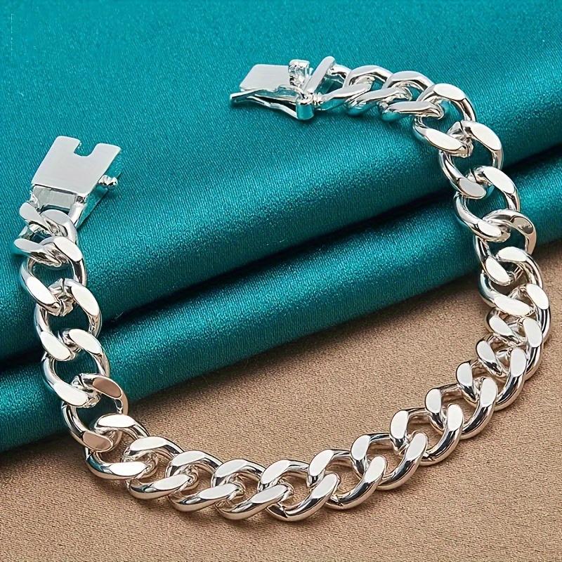 

5g 925 Silver Plated Cuban Chain Bracelet, 8-inch, 10mm Square , Punk Jewelry, With Valentine's Day, Wedding, Party, Festival, Birthday, Anniversary Gift For Men And Women