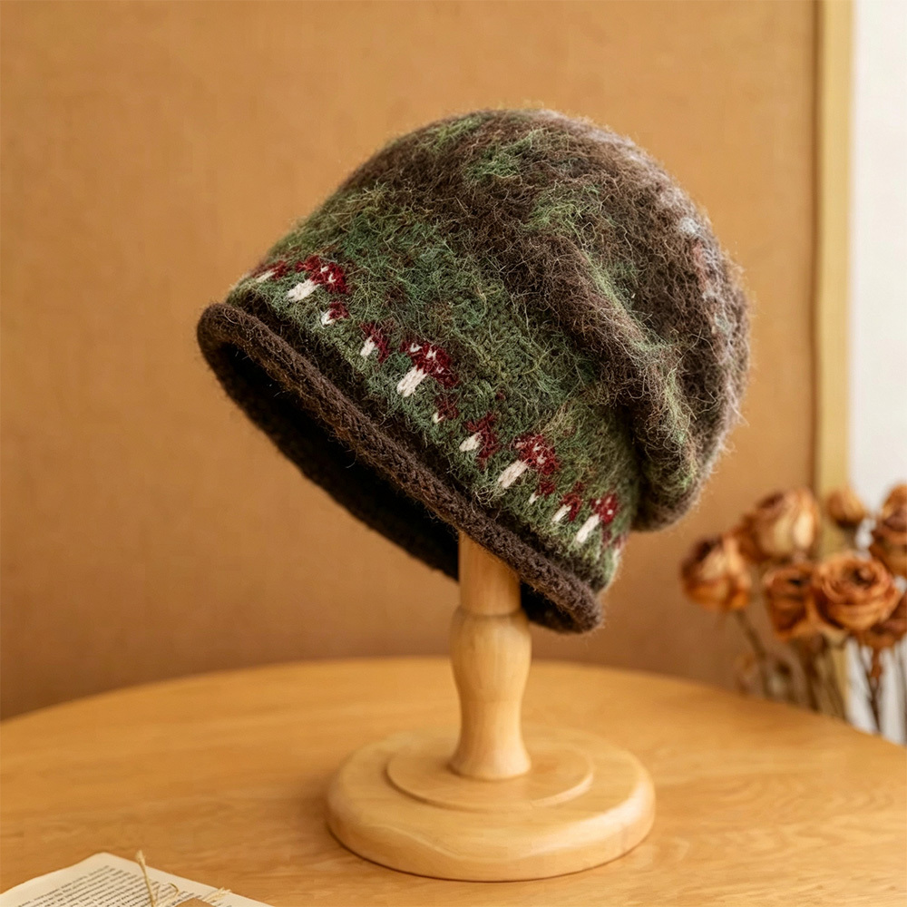 TEMU Women's Large Fleece-look Hat With Mushroom Flower Geometric Pattern - /korean Style Elastic Suitable For Outdoor , Casual Beanie For Cold