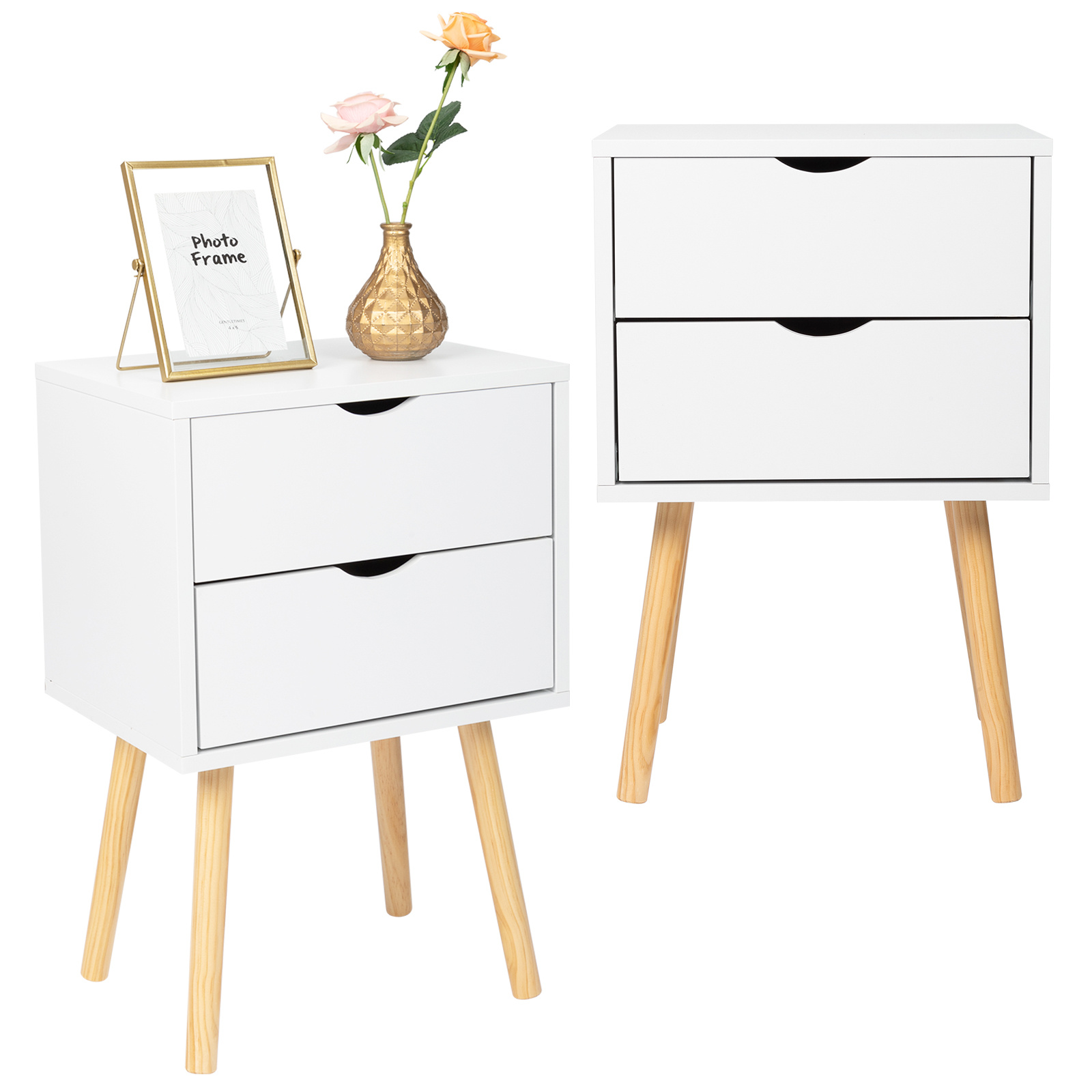 Pair Of White Wooden Nightstands, Each Featuring 2 Drawers For Storage, 2-tier Side Tables For Bedroom Use