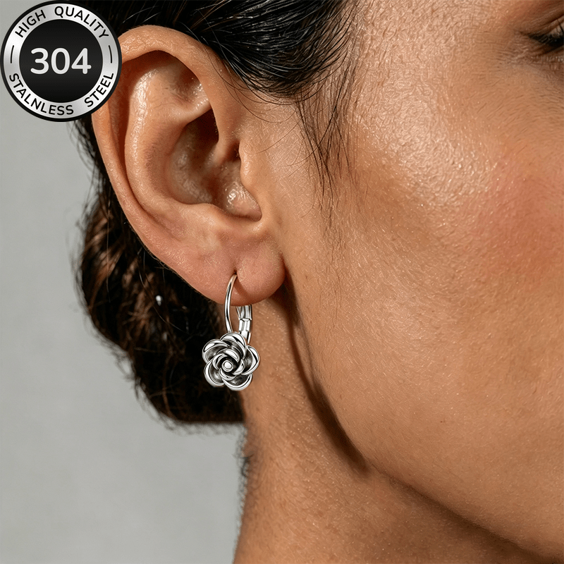 TEMU Sweet All-match Style Stainless Steel Golden Rose Earrings, Women's Rose Earrings, Light Luxury Accessory, Stainless Steel Women's Ear Jewelry,
