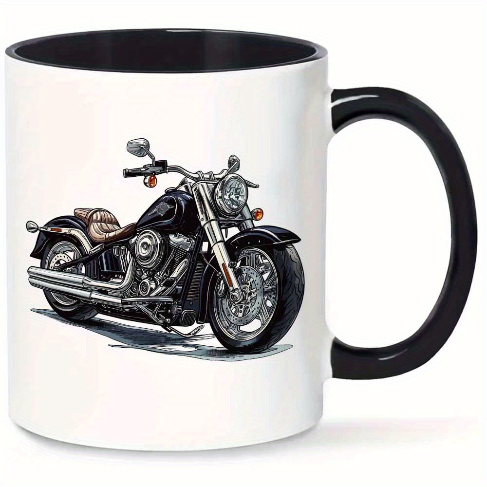 Image of 1pc Customizable Name 11-ounce Motorcycle Enthusiast Ceramic Mug - Black Exterior With , Personalized Name, Durable Coffee Cup With Detailed Design, Dishwasher Safe, Suitable For Office, Camping
