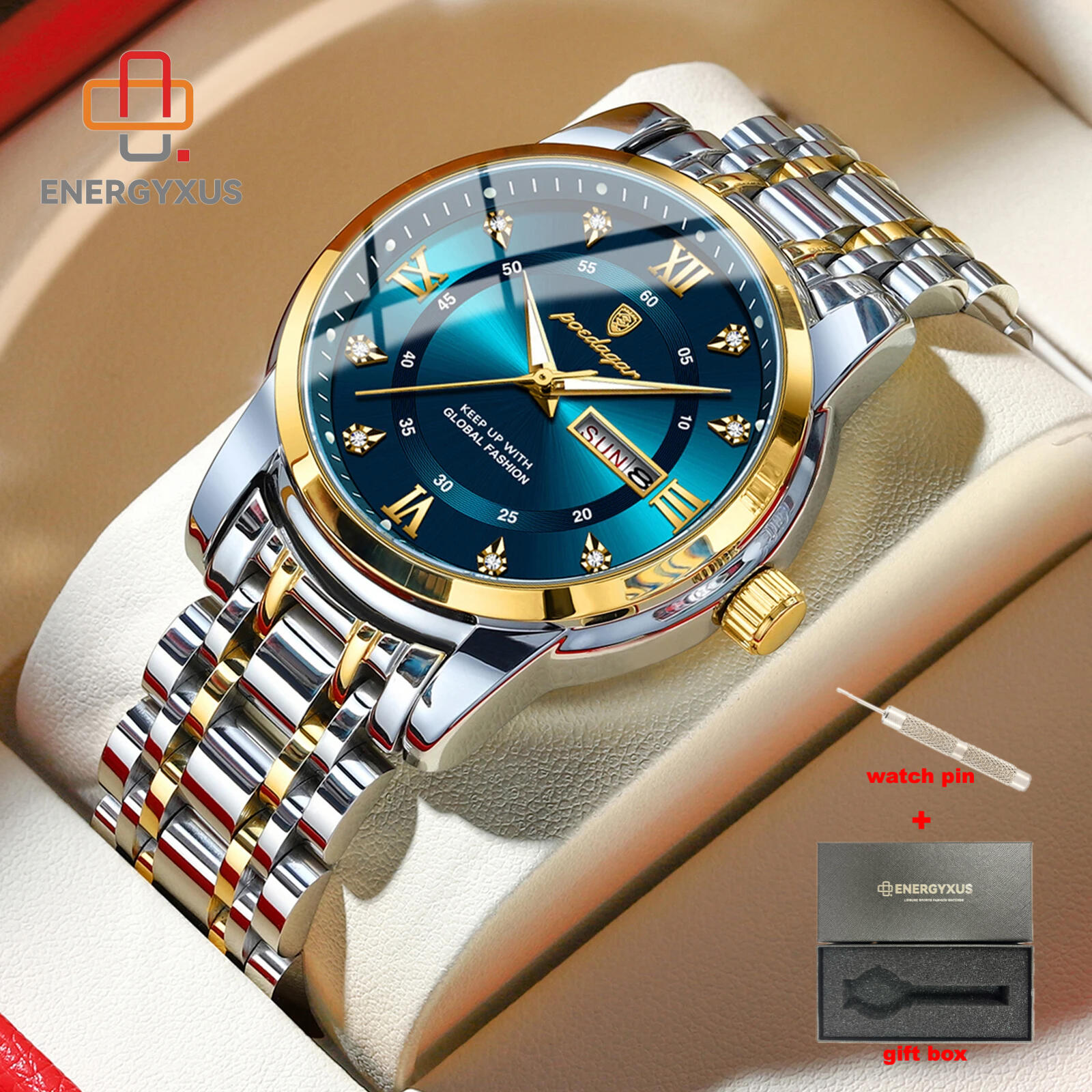 TEMU 41mm Men' Steel Watch With Luminous Hands & Crystal Accents | Dress Watch For Gym, Business Attire, Formal Dinner, Night Driving (includes Gift