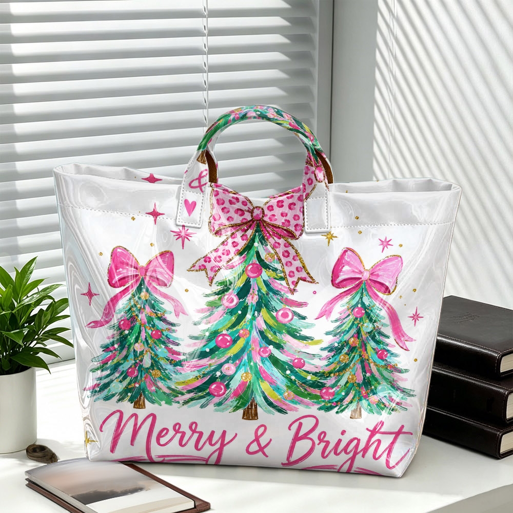 TEMU 1pc Women's Tote Handbag, Pink Bow Christmas Tree Print Handheld Bag, Girly Cute Xmas Large Capacity Shopping Tote Bag, Holiday Shopping Handbag