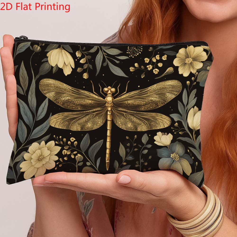 TEMU 2d Flat Print, 1pc, Material: Cosmetic Pouch, Women's Dark-colored Botanical Print Makeup Bag, With And Foliage Patterns—lightweight Travel