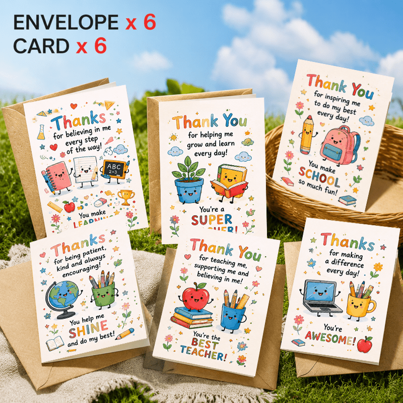 TEMU 12pcs Set With Envelopes, Colorful Cartoon Learning Theme Greeting Cards, Whimsical Design For Teacher's Day To Gratitude