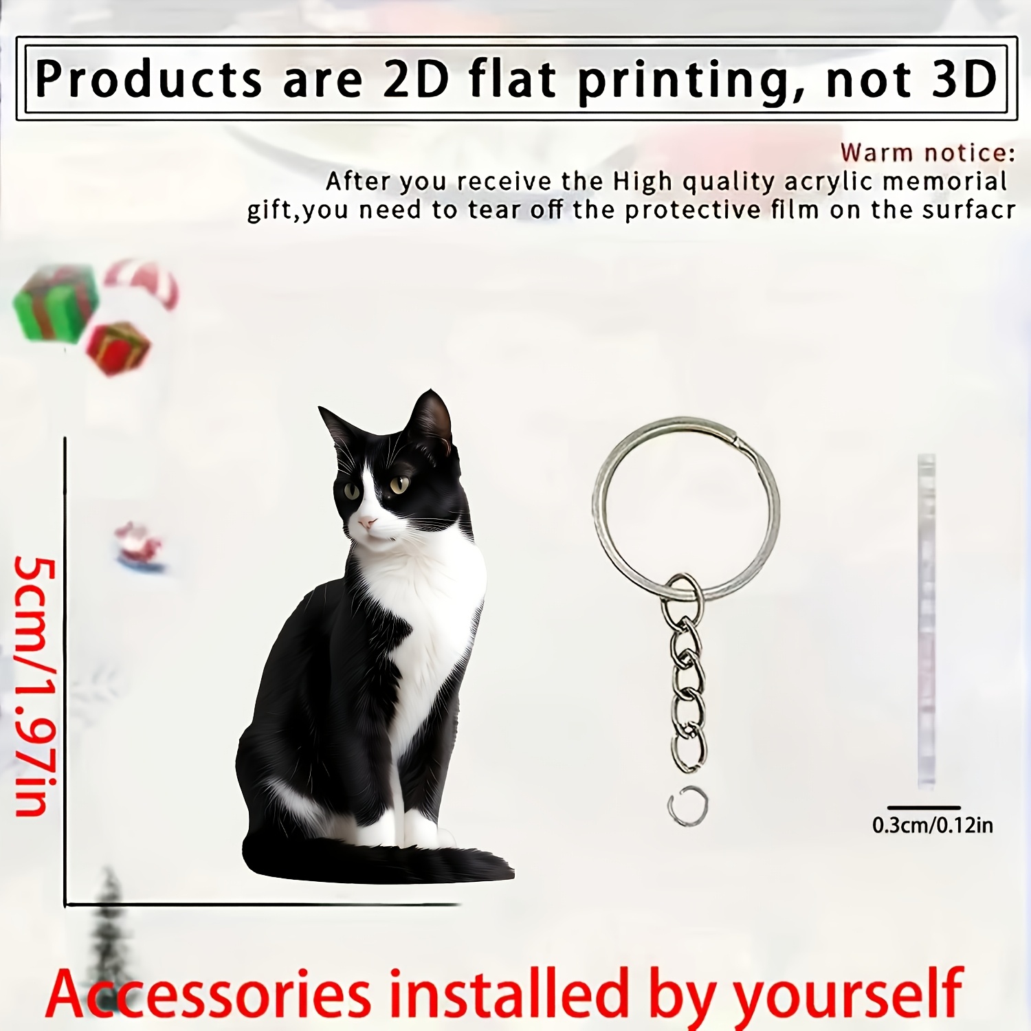 TEMU 2d Flat - 2d Plane Acrylic 1pc (black And White Spotted Cat) Keychain, Key Chain - Acrylic Personalized Decorative Item, Thanksgiving Design