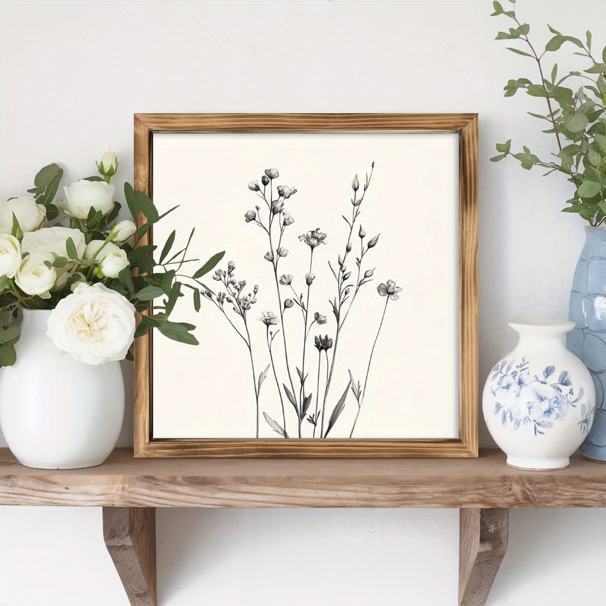 Image of 1pc Plant Sketch In Rustic Wood Frame - Farmhouse Wall Art With Wood Grain & Line Drawing - 8x8 Inch Botanical Decor Suitable For Home, Kitchen, Bedroom, Bathroom, Office - Perfect Housewarming Gift