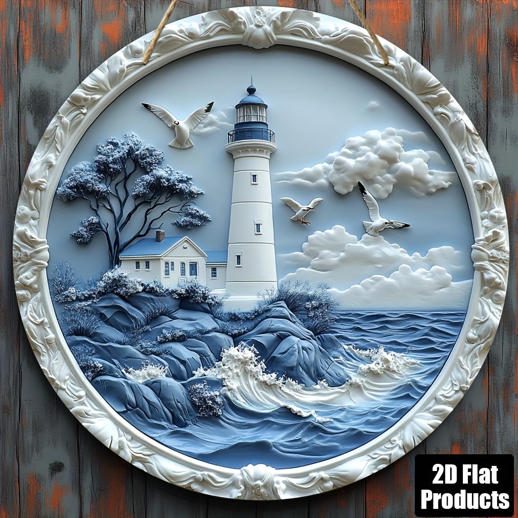 TEMU 2d Flat, 1pc, Lighthouse And Seagull Themed Round Wooden Hanging Sign, Suitable For Bar, Kitchen, Cafe, Home, And Office Decoration, Holiday