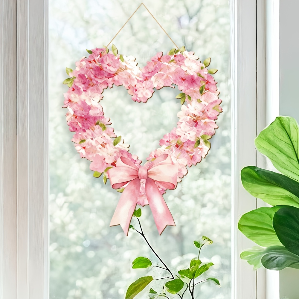 TEMU 2d Flat - 1pc Cherry Heart Wreath 2d Wood Decorative Door Hanging, Suitable For Doorway, Window, Party, Outdoor, Indoor Plaque Pendant, Perfect