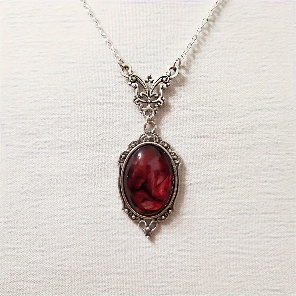 TEMU 1pc Victorian Gothic Red Pendant Necklace, Oval , Women's Halloween Jewelry, Vintage Style Necklace, Daily Wear Fashion Accessories, Fake