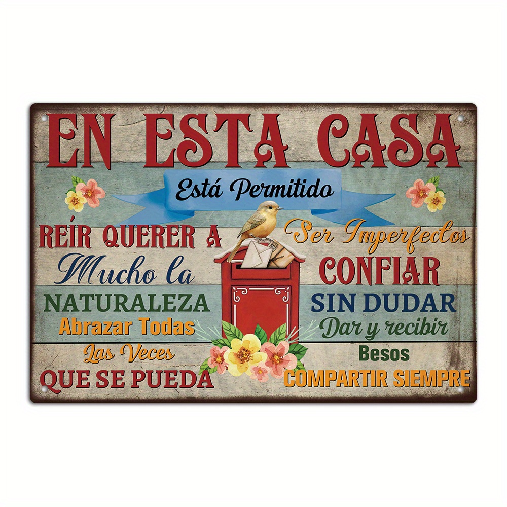 TEMU 1 letrero de metal español vintage - de pared de granja con florales y de pájaros, "En esta casa se reír, la y querer a los ", no necesita