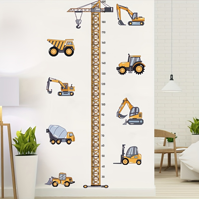 Image of 2pcs Construction Vehicle Height Chart Wall Decal - Self-adhesive Measuring Tape Stickers For Bedroom, Living Room, Entryway - , Durable Pvc Material, Vibrant Colors
