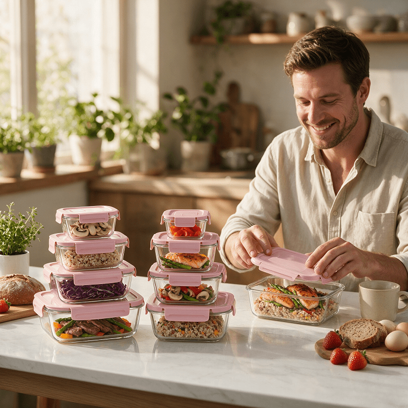 With A Set Of 16 Exhaustable Glass Containers With Lids (8 Glass Containers + 8 Lids), A Freshness Preserving Jar, And A Food Preparation Box, All Of Which Are Microwave-safe
