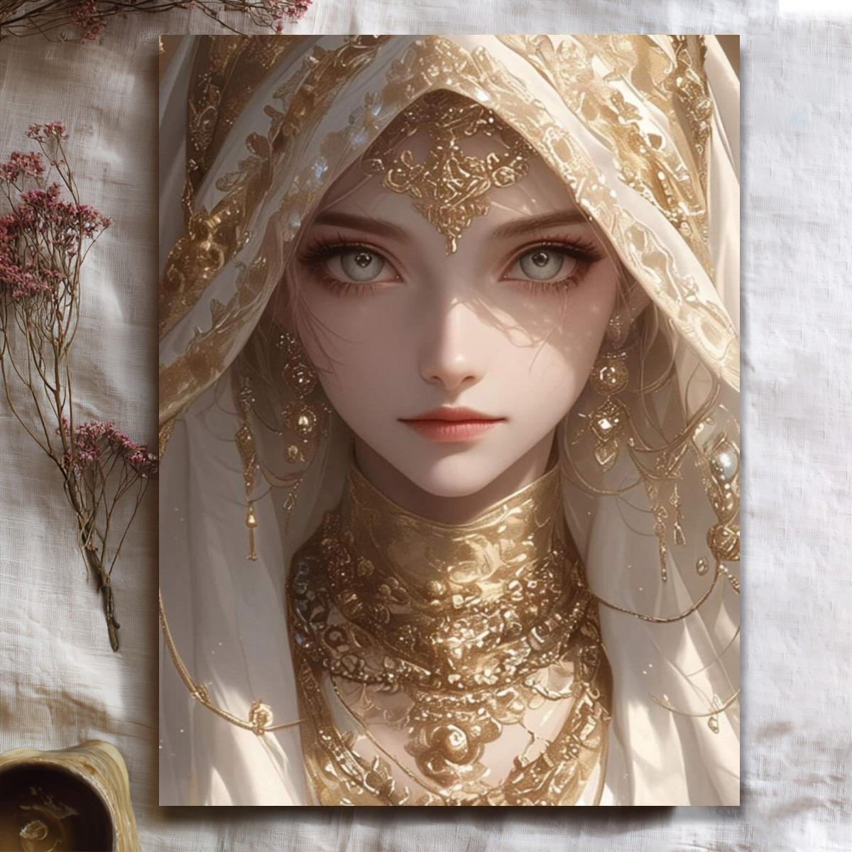 품목 사진 2d 평면, 1개   시대/다양한 장소에 적합한 프레임리스 수직 캔버스 페인팅 -    풍 장식이 있는 황금빛 화려한 여성 초상화 벽 예술, 접착식 잉크, 4번째에 적합, 사무실 침실용
