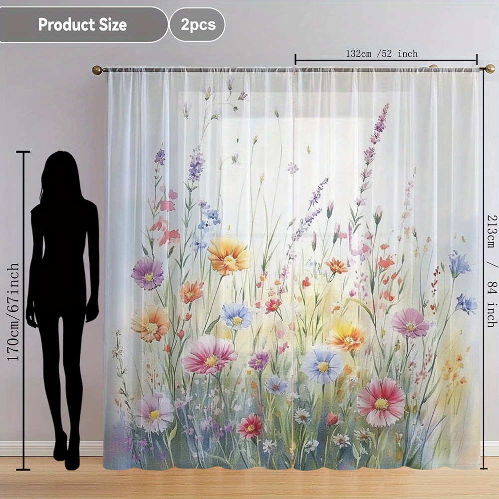 TEMU 2pcs Multicolor Floral Watercolor Pattern Printed Home Decor Sheer Curtains, Suitable For Kitchen, Cafe, Dining Room, Balcony, Garden, Bedroom