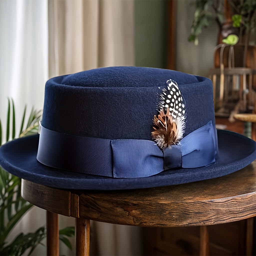 TEMU Elegant Vintage Navy Fedora Hat Suitable For & - Flat Top With Satin Bow & Spotted Decor, For Mardi Gras, Weddings, Prom, Themed Parties, Formal