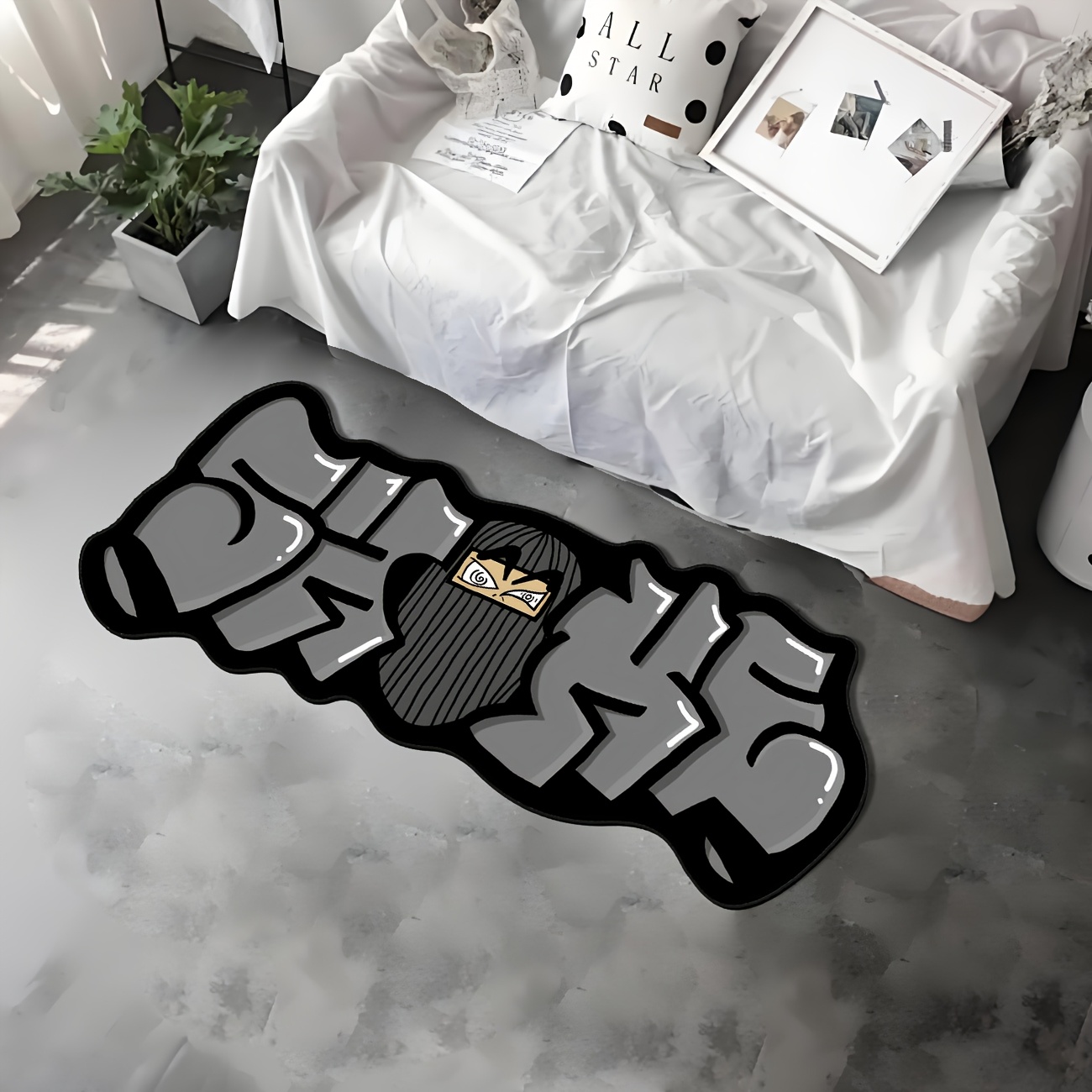 Image of Heavyweight Rap Graffiti Rug - Non-slip, Machine-washable Large Area Mat, Black/gray Urban Street For Game Room/bedroom/living Room, Perfect Hip-hop Gift For Rappers And Music Fans
