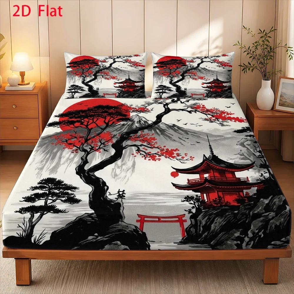 TEMU 3pcs Mattress Protector Set, 1pc Fitted Sheet And 2pcs Pillowcases (filling Not Included), Tree Painting, Modern , Cherry Festival, , Machine