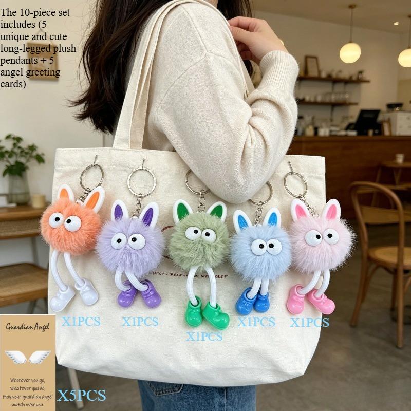 TEMU 10pcs Set Includes (5 Unique And Cute Long-legged Plush Pendants And 5 Greeting Cards), Key Bag, Car Key Pendant, Plush Backpack, Doll Pendant,