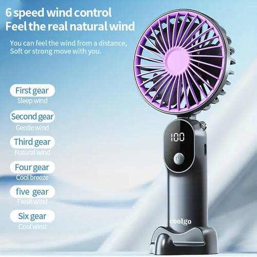 photo de l'article ventilateur portable mini, rechargeable usb, 6 réglables, affichage led, ventilateur avec lanière, base pliable à 90°, ventilateur multifonction 3-en-1 pour refroidissement rapide en extérieur