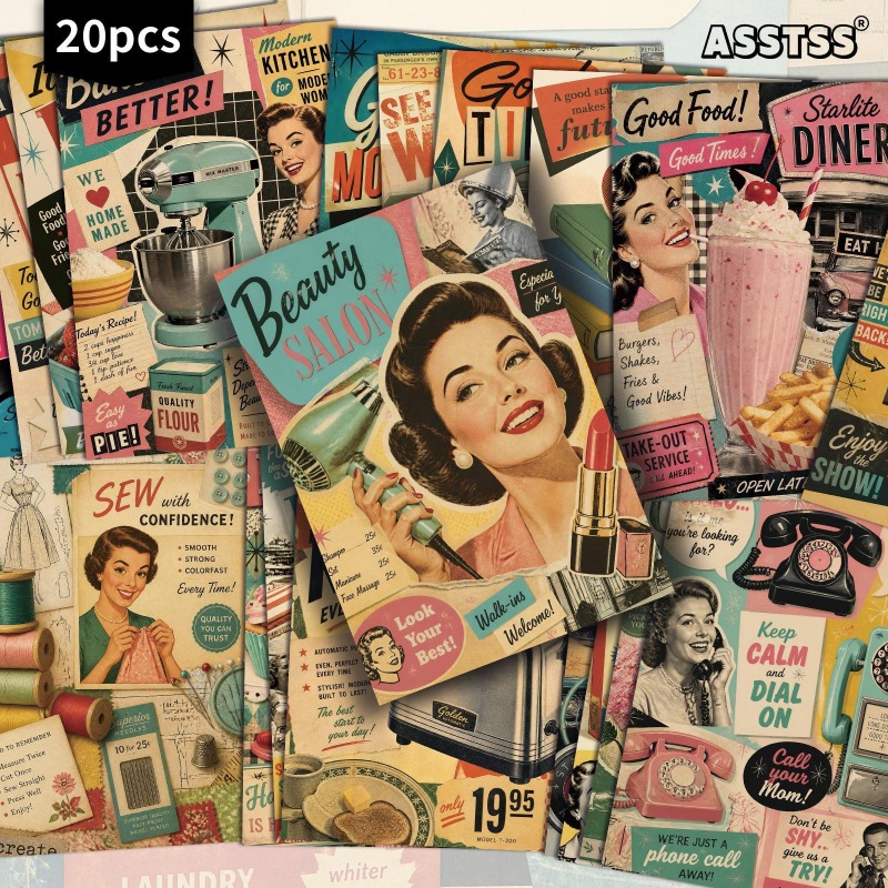 TEMU Pack Of 20 Vintage 1950s Poster Postcards Suitable For Scrapbooking, Retro Backs & Chest/back Decoration - 4x6 Inch Diary Cards For Junk