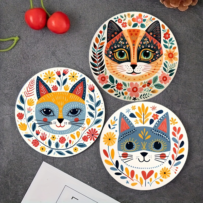 

Set Of 6 1 Bohemian Cat Wooden Coaster, Decorative, Suitable For Coffee, Tea, Drinks- For Family, Restaurant, , Perfect Gift For Parents, Friends