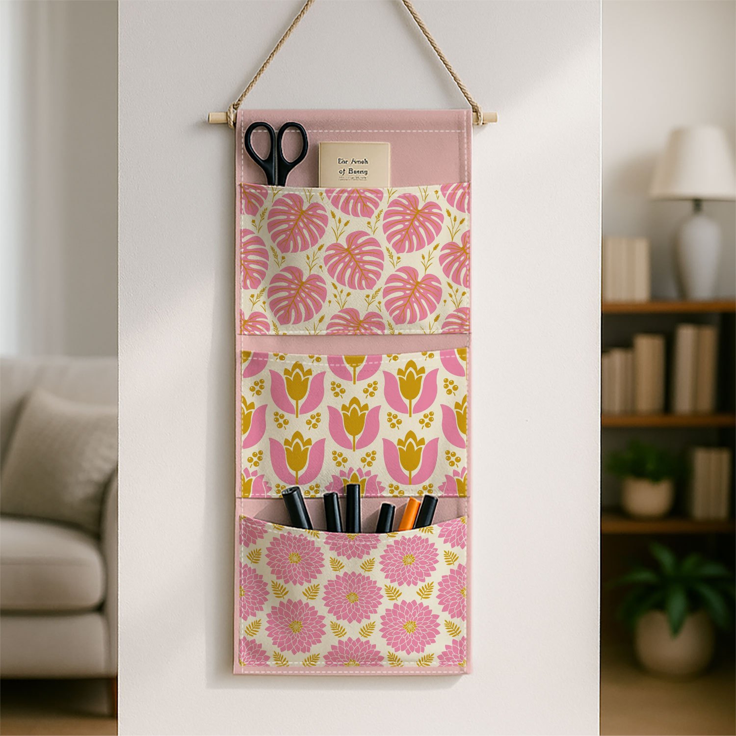 TEMU 1pc Hanging Organizer Bag - Wall-mounted Storage Shelf With Floral Pattern, Colorful Fabric Organizer Suitable For Living Room, Bedroom,,