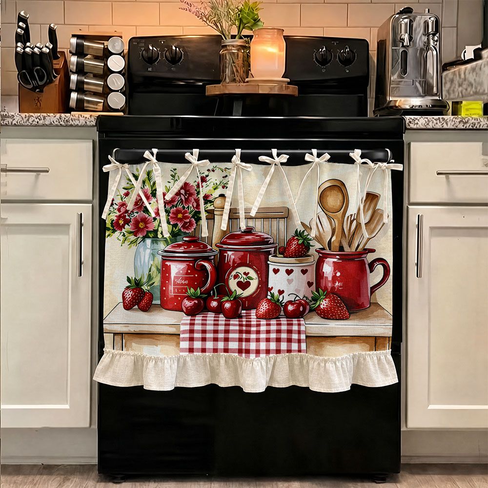 TEMU 2d Vintage Strawberry Pattern Multifunctional Decorative Curtain, Suitable Kitchen Skirt, Oven Cover, Washing, Dishwasher, Bathroom Window