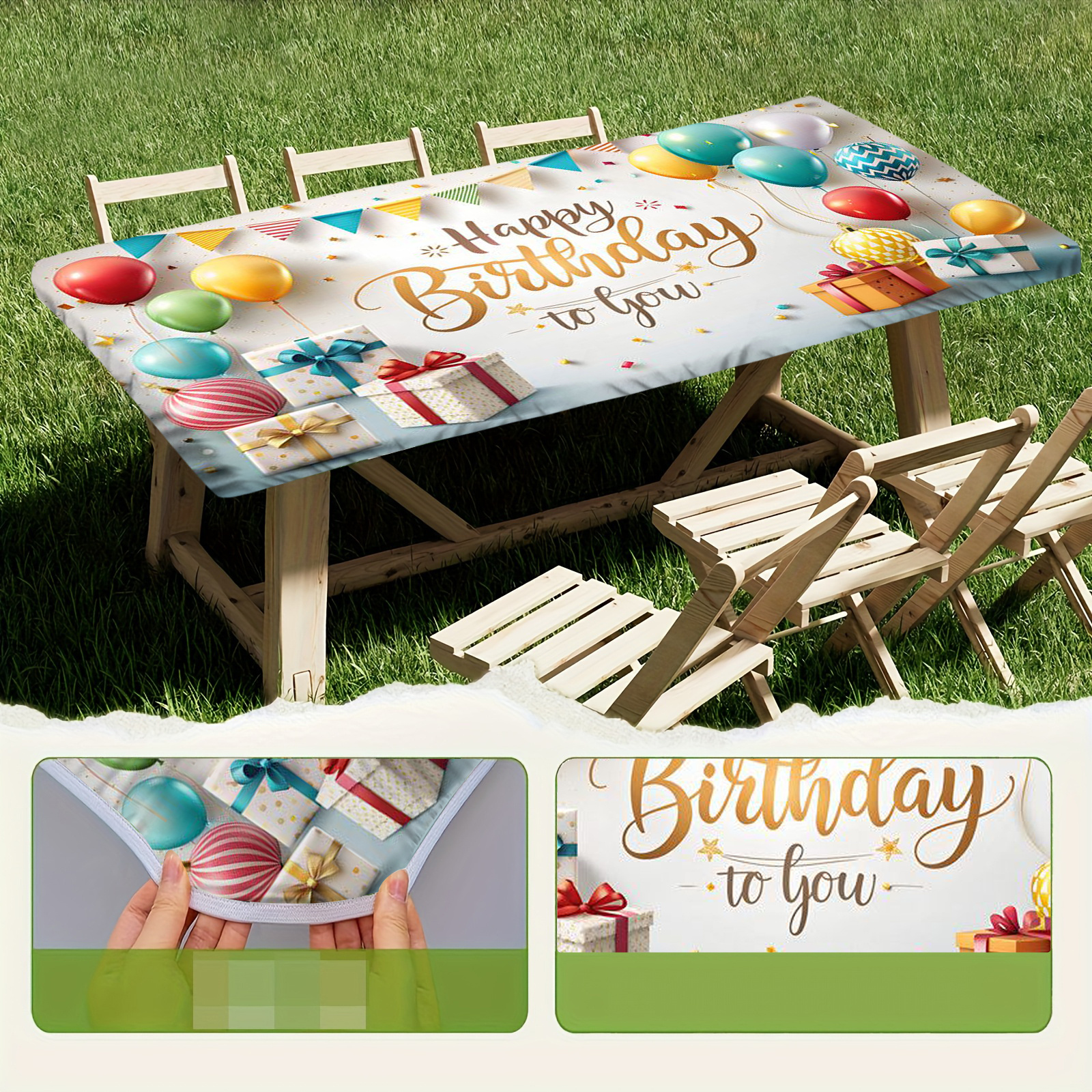 TEMU 1pc Elastic Rectangular Tablecloth - Happy Birthday Balloon Decor Stretchable Tablecloth, For Indoor/outdoor Use, Holiday Parties, Summer Home