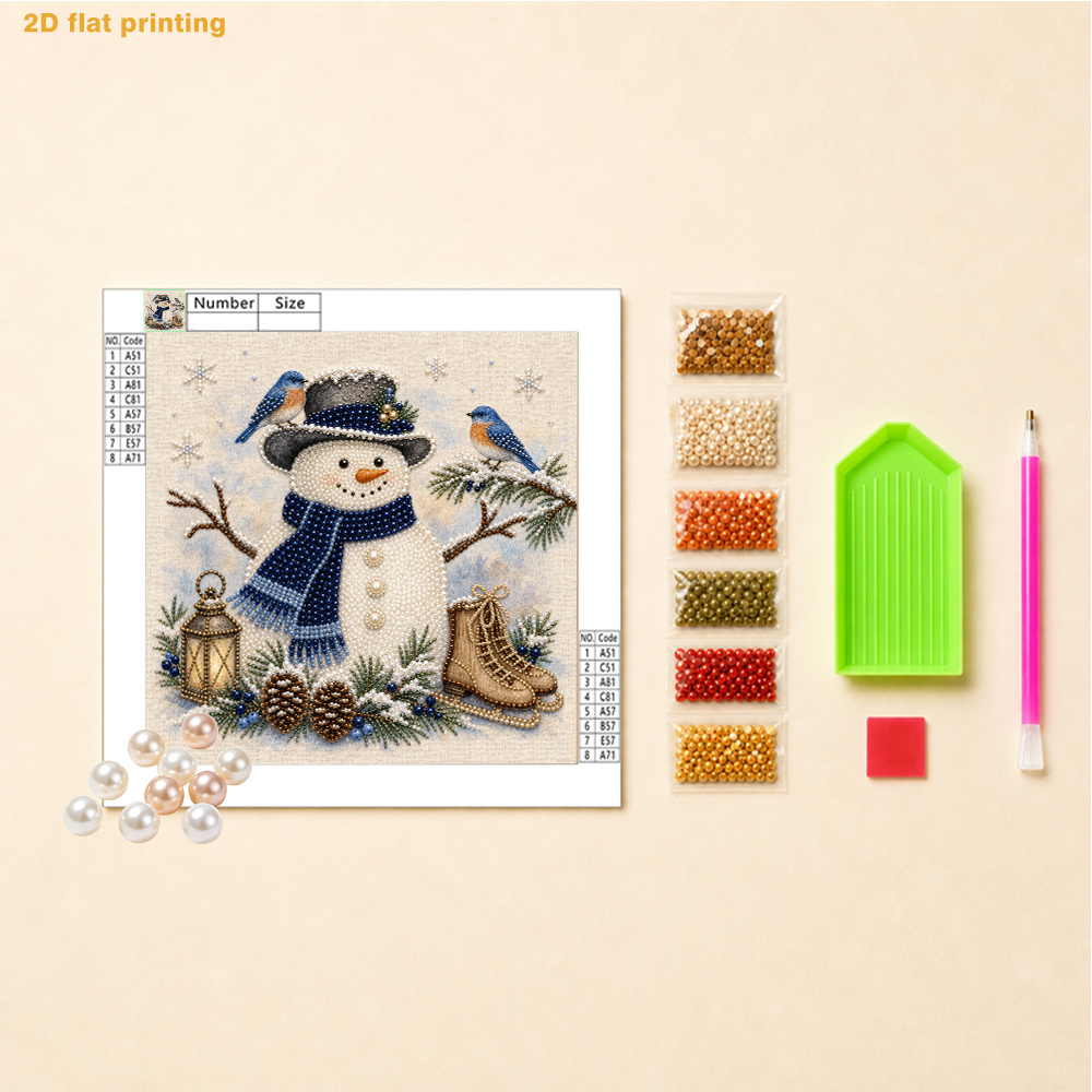 TEMU Pearl Art Painting Kit - Blue Scarf Snowman, Blue Bird And Winter Lantern Design, Includes Round Pearls, , Clear Symbols, Full Set Of Tools And