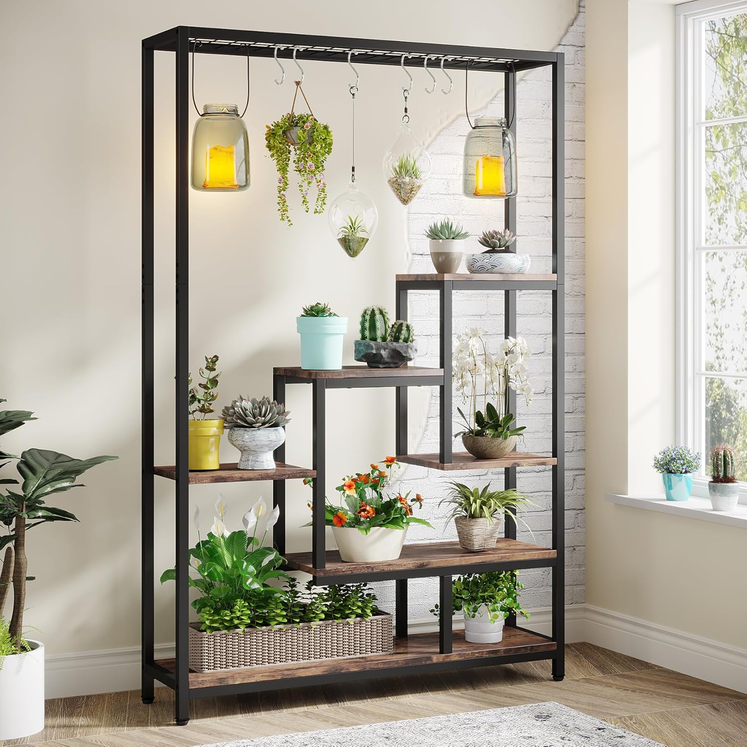 Plant Stand Flower Stand Indoor Plant Shelf With 10 S-hooks 180cm Metal Flower Shelf For Balcony Decoration Garden Flower Stairs Living Room Brown