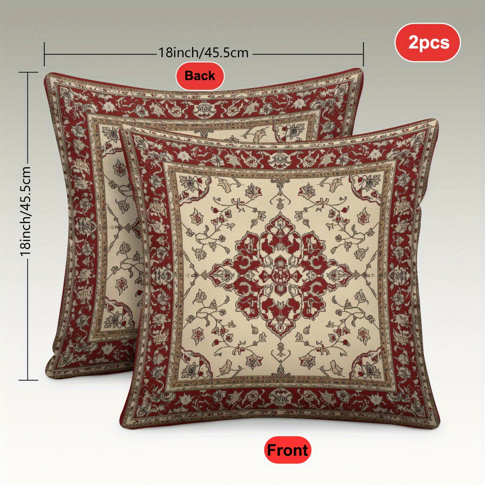 TEMU 2d Flat - 2pcs 2d Single-sided Print, Cream-colored Burgundy Vintage Persian Mandala Floral Pattern Pillow Covers, Print, European Classical