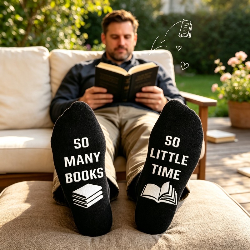 TEMU 1 Pair Book Lover Men's Outdoor Socks, Sole With Book And Fun Text Patterns, Suitable For Indoor Rest, Family Parties, Daily , Ideal Birthday