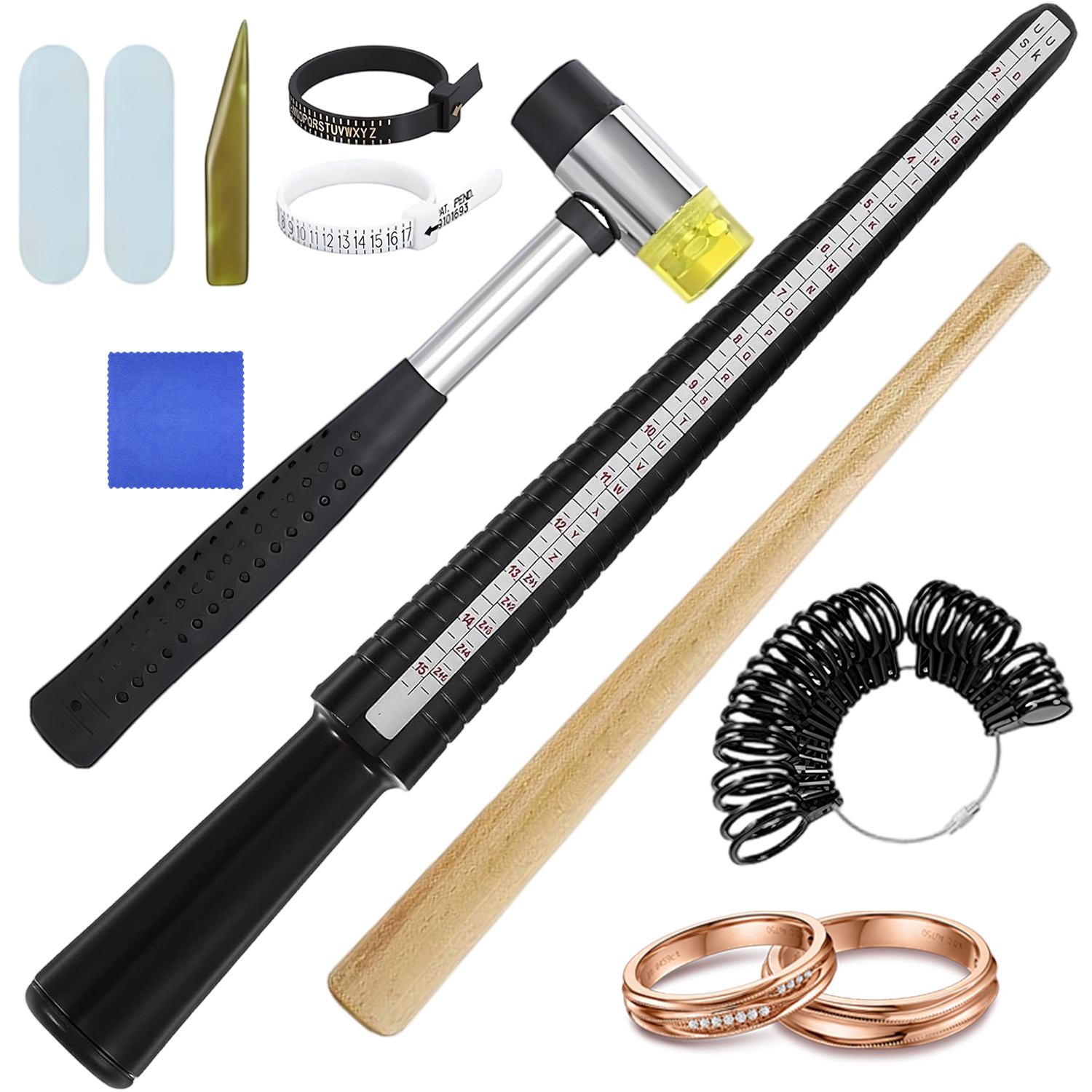 Complete Ring Sizing Set With Plastic Ring , Finger Gauge And Rubber Hammer - Professional Measuring Kit For Metal Rings | Essential Tool For Sizing, Resizing And Crafting For Women And Men
