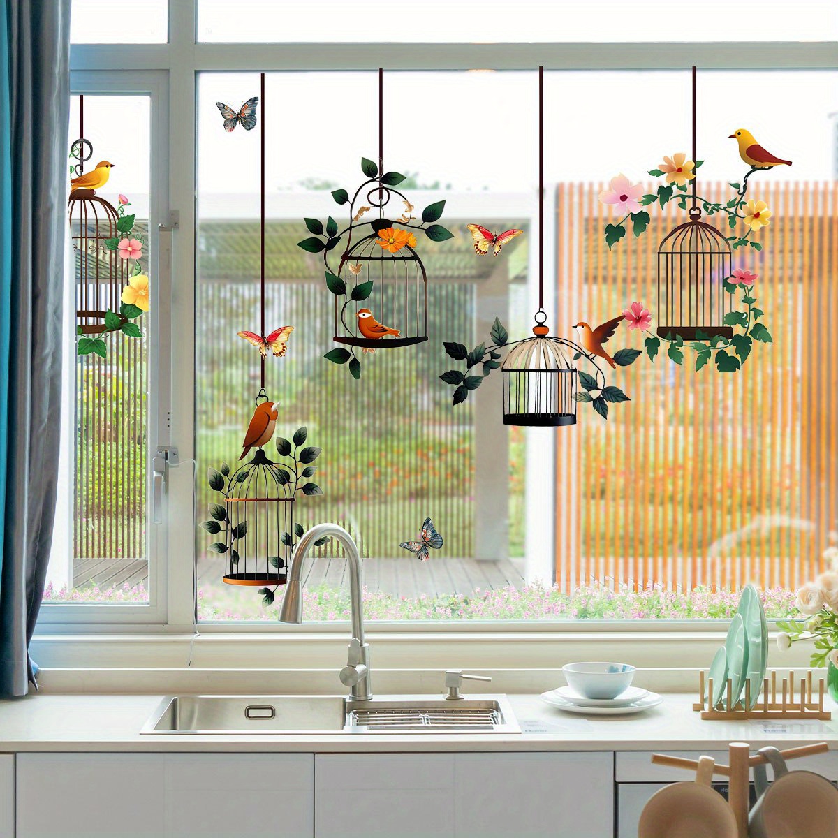 E-shop Kreative und einfache Hängekorb, Vogelkäfig, Schmetterling, Blumen Fensteraufkleber, Schlafzimmer, Wohnzimmer, Schaufenster Deko, Hintergrund