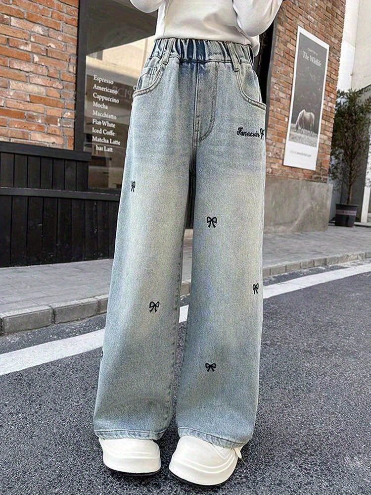 older girls jeans - 2025   & autumn styles, with trendy embroidery design, elastic waist, stylish, comfortable and full of personality, casual wear, seasonal wardrobe, fashion, stylish pants, soft material, quality stitching, flared pants, embroidered jeans, school outfits,   Product details 1