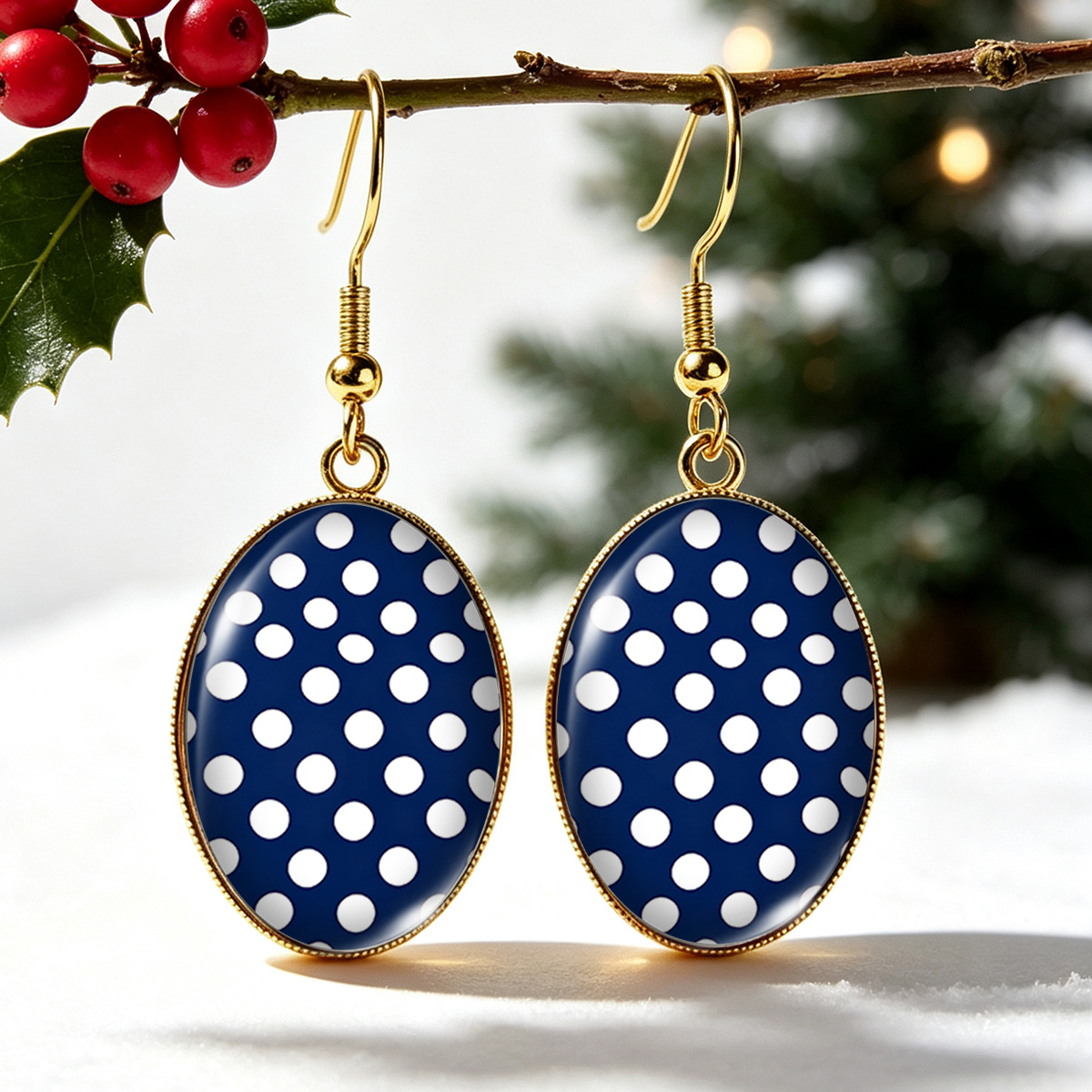TEMU 1 Pair Golden Oval Earrings, Navy White Polka Dot Pattern Glass Earrings, Easy Retro Unisex Jewelry, Without Battery